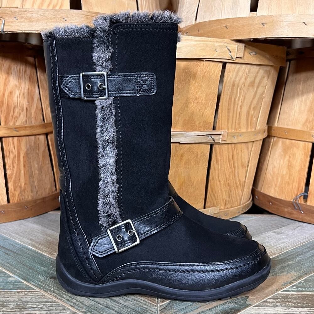 Nine West Naydine Black Faux Leather Suede Faux Fur Snow Boots Youth Girl Size 3